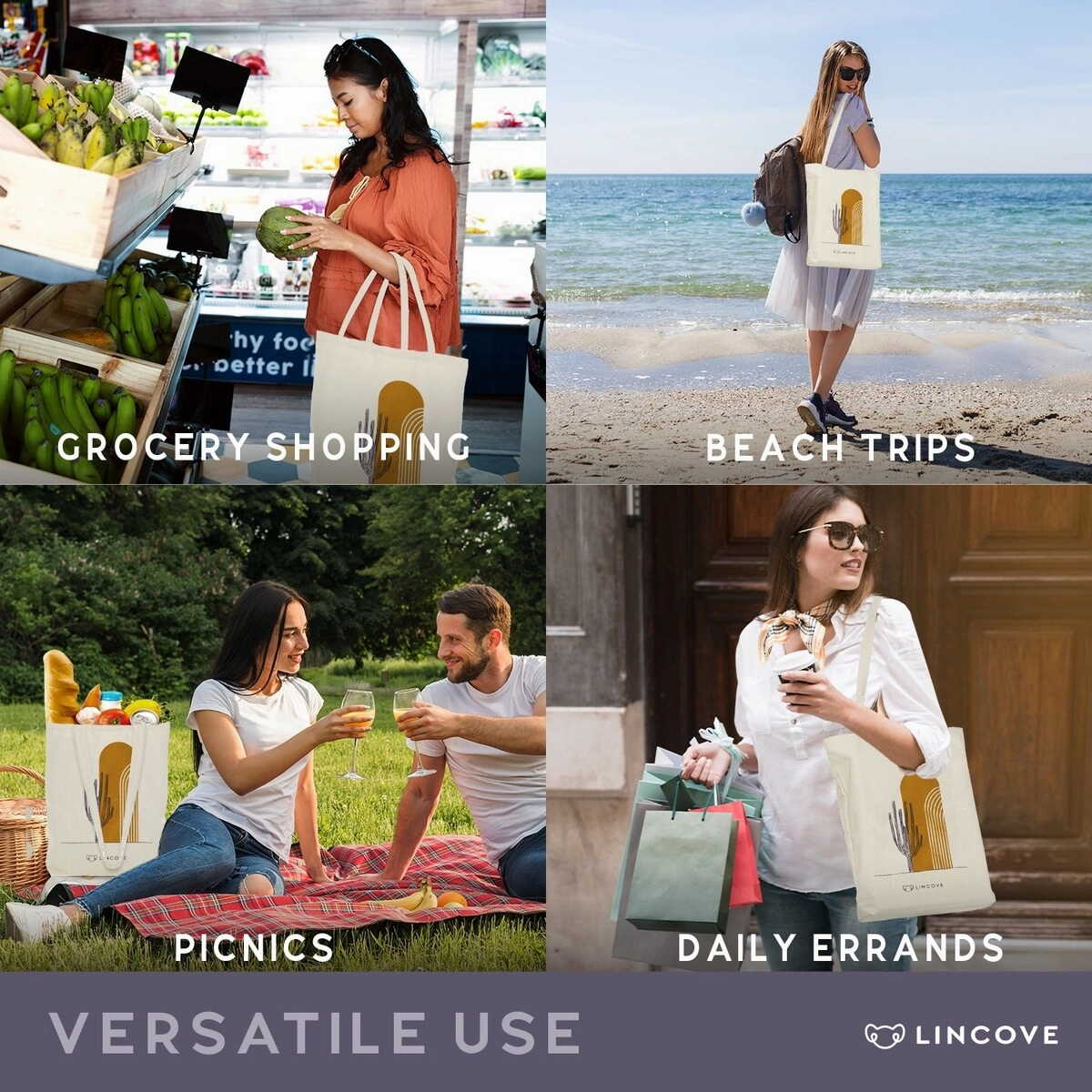Lincove Stylish Canvas Tote Bag - Reusable Bag - Perfect Daily Use & Travel