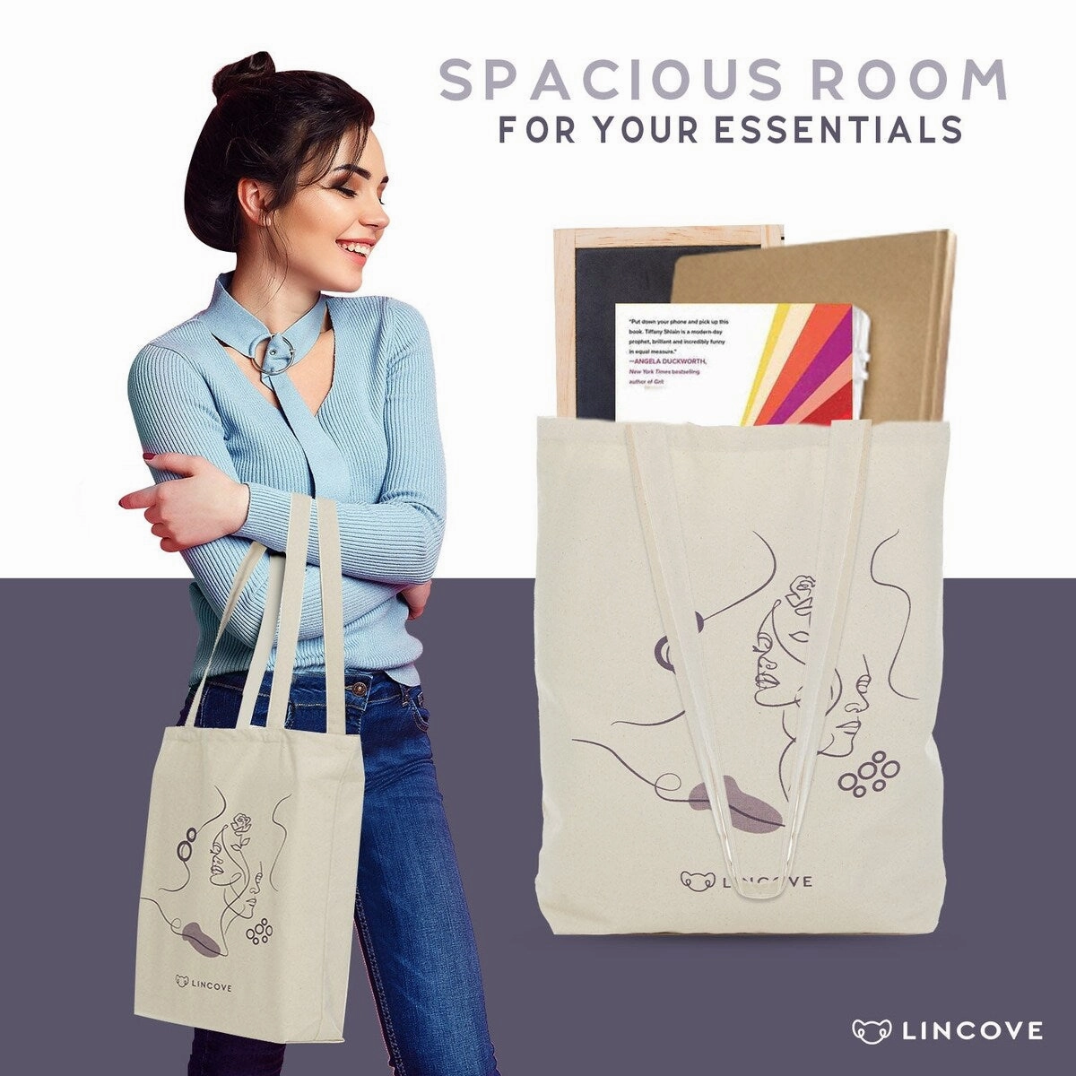 Lincove Stylish Canvas Tote Bag - Reusable Bag - Perfect Daily Use & Travel