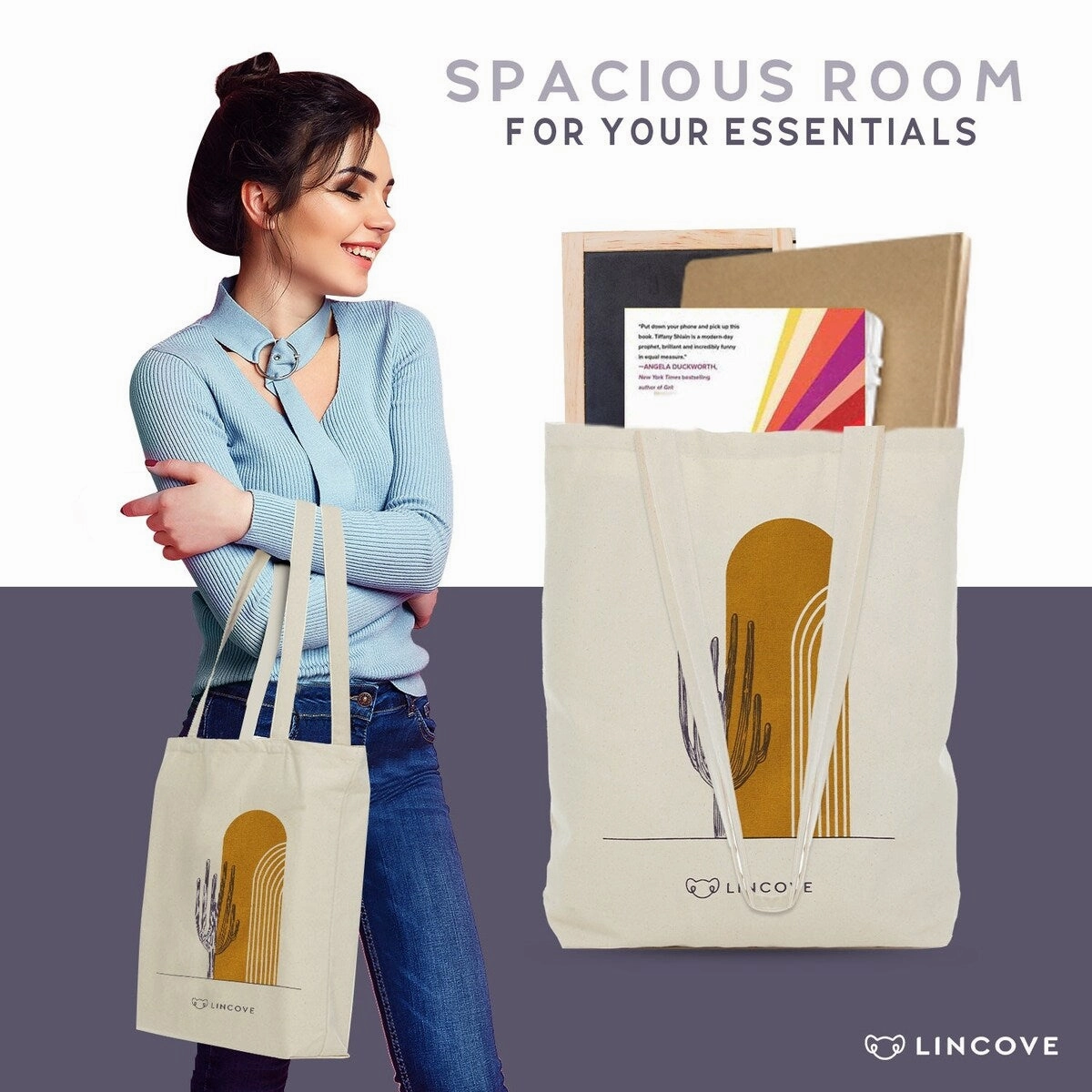 Lincove Stylish Canvas Tote Bag - Reusable Bag - Perfect Daily Use & Travel