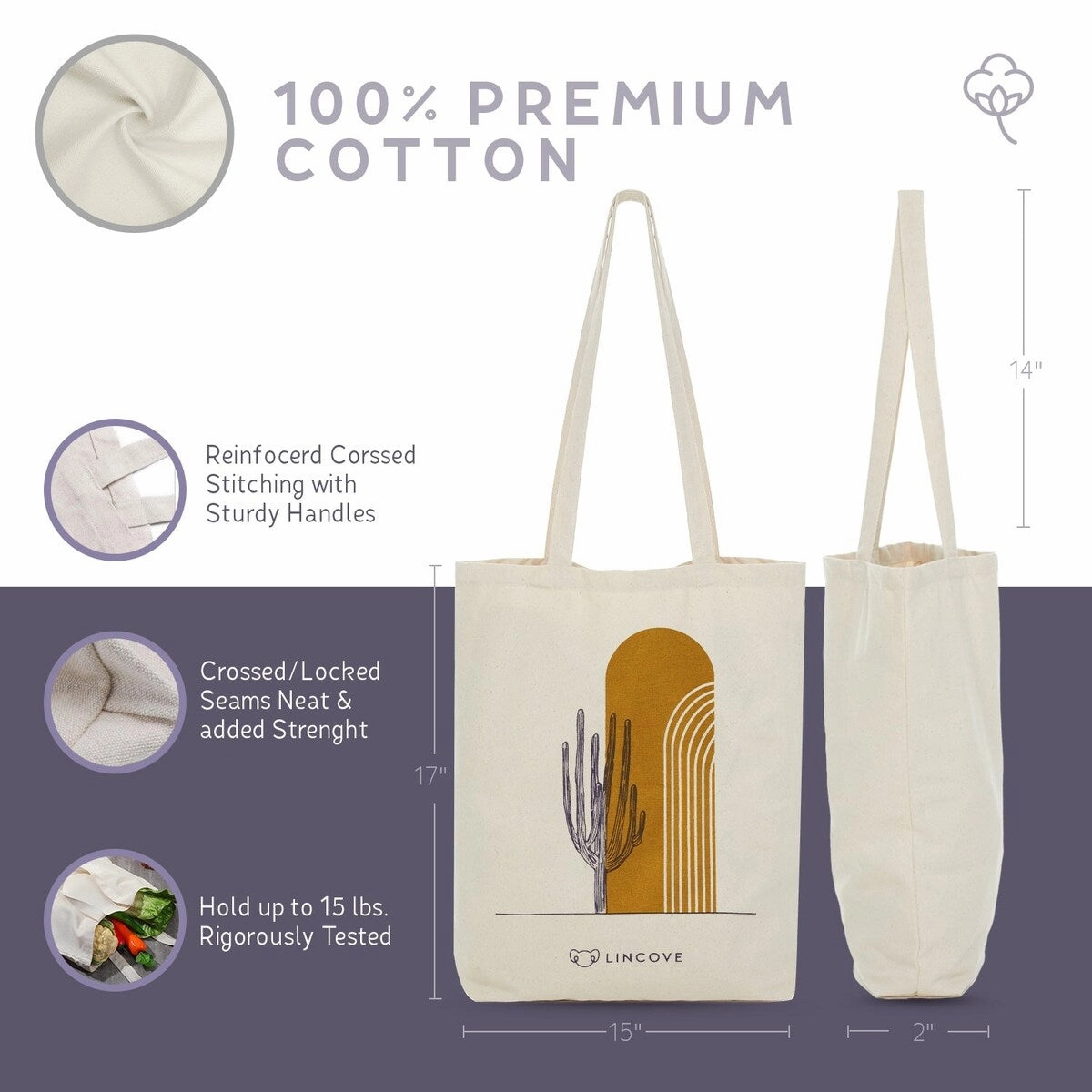 Lincove Stylish Canvas Tote Bag - Reusable Bag - Perfect Daily Use & Travel