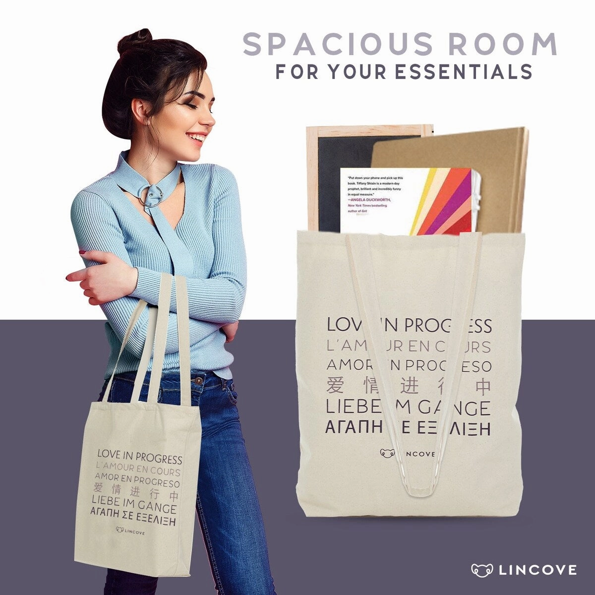 Lincove Stylish Canvas Tote Bag - Reusable Bag - Perfect Daily Use & Travel