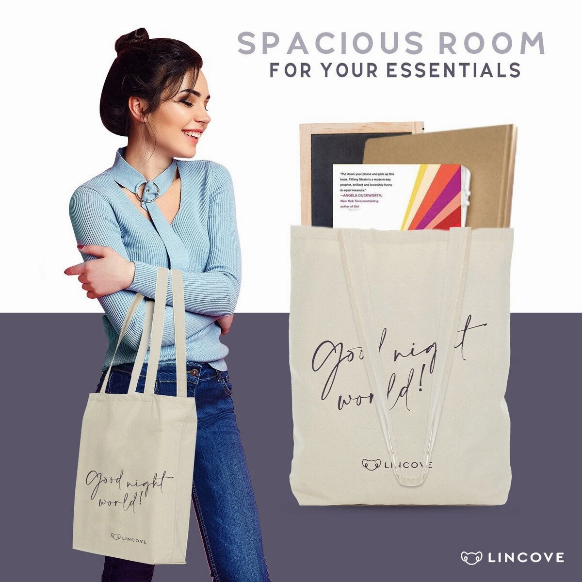 Lincove Stylish Canvas Tote Bag - Reusable Bag - Perfect Daily Use & Travel