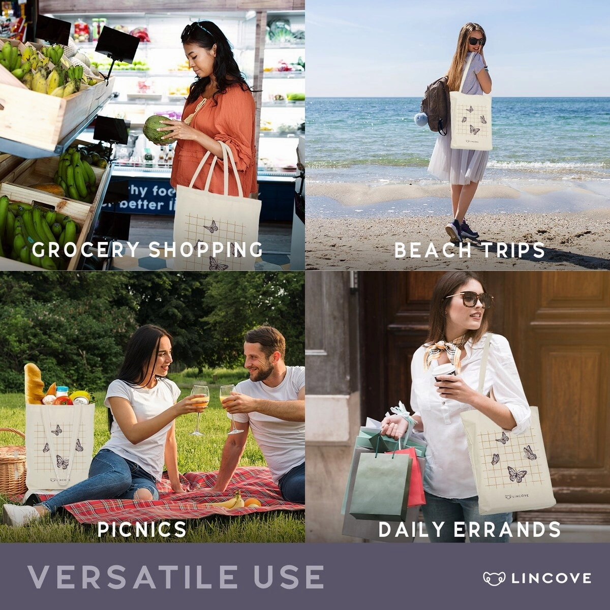 Lincove Stylish Canvas Tote Bag - Reusable Bag - Perfect Daily Use & Travel
