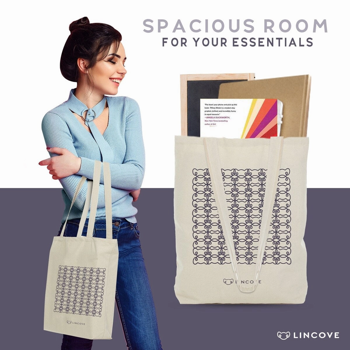 Lincove Stylish Canvas Tote Bag - Reusable Bag - Perfect Daily Use & Travel