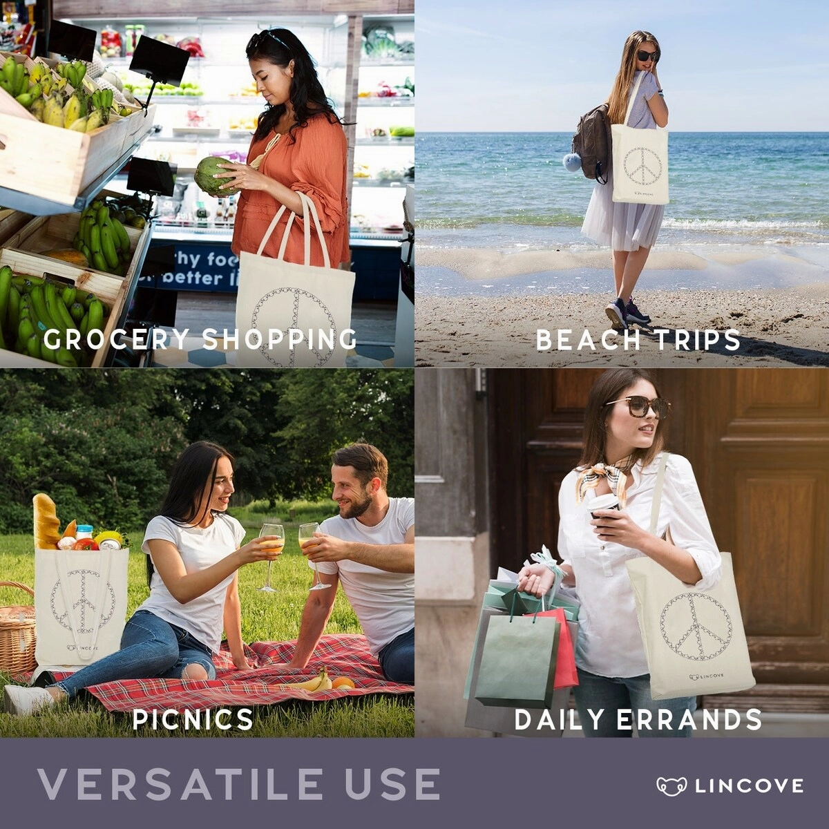Lincove Stylish Canvas Tote Bag - Reusable Bag - Perfect Daily Use & Travel