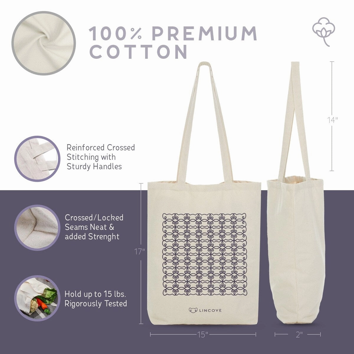 Lincove Stylish Canvas Tote Bag - Reusable Bag - Perfect Daily Use & Travel
