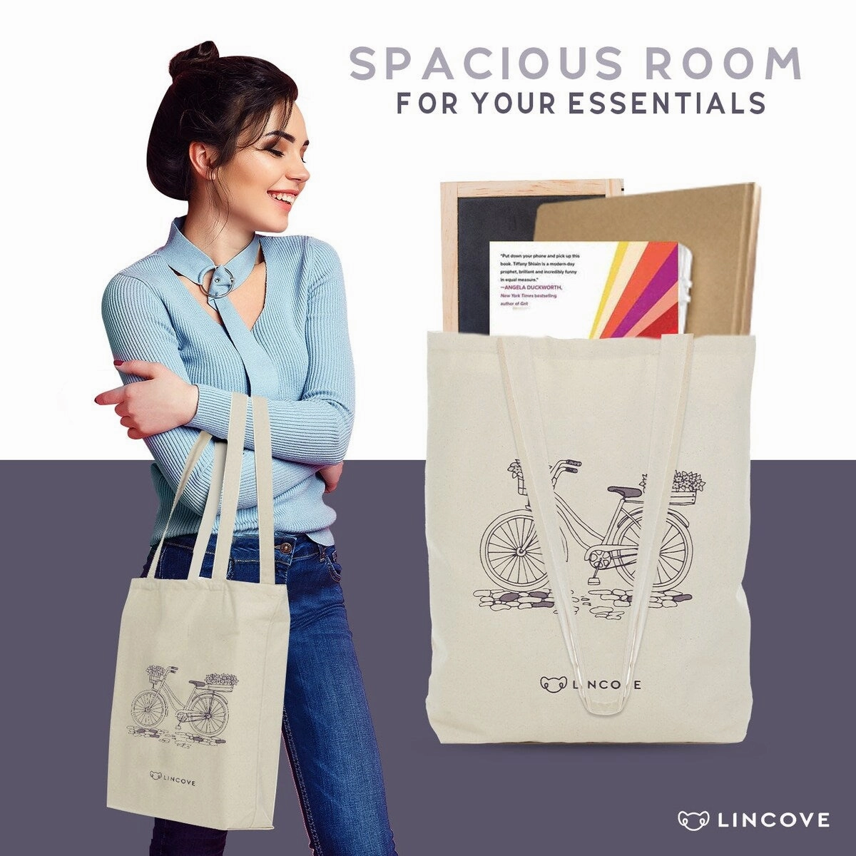 Lincove Stylish Canvas Tote Bag - Reusable Bag - Perfect Daily Use & Travel