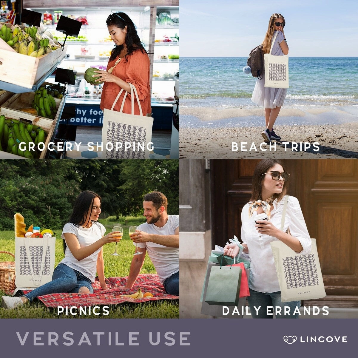 Lincove Stylish Canvas Tote Bag - Reusable Bag - Perfect Daily Use & Travel