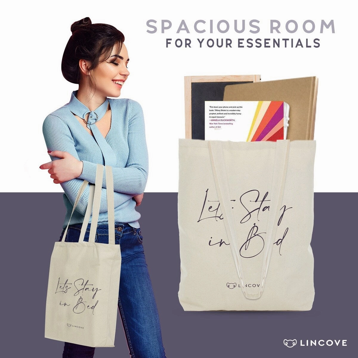 Lincove Stylish Canvas Tote Bag - Reusable Bag - Perfect Daily Use & Travel