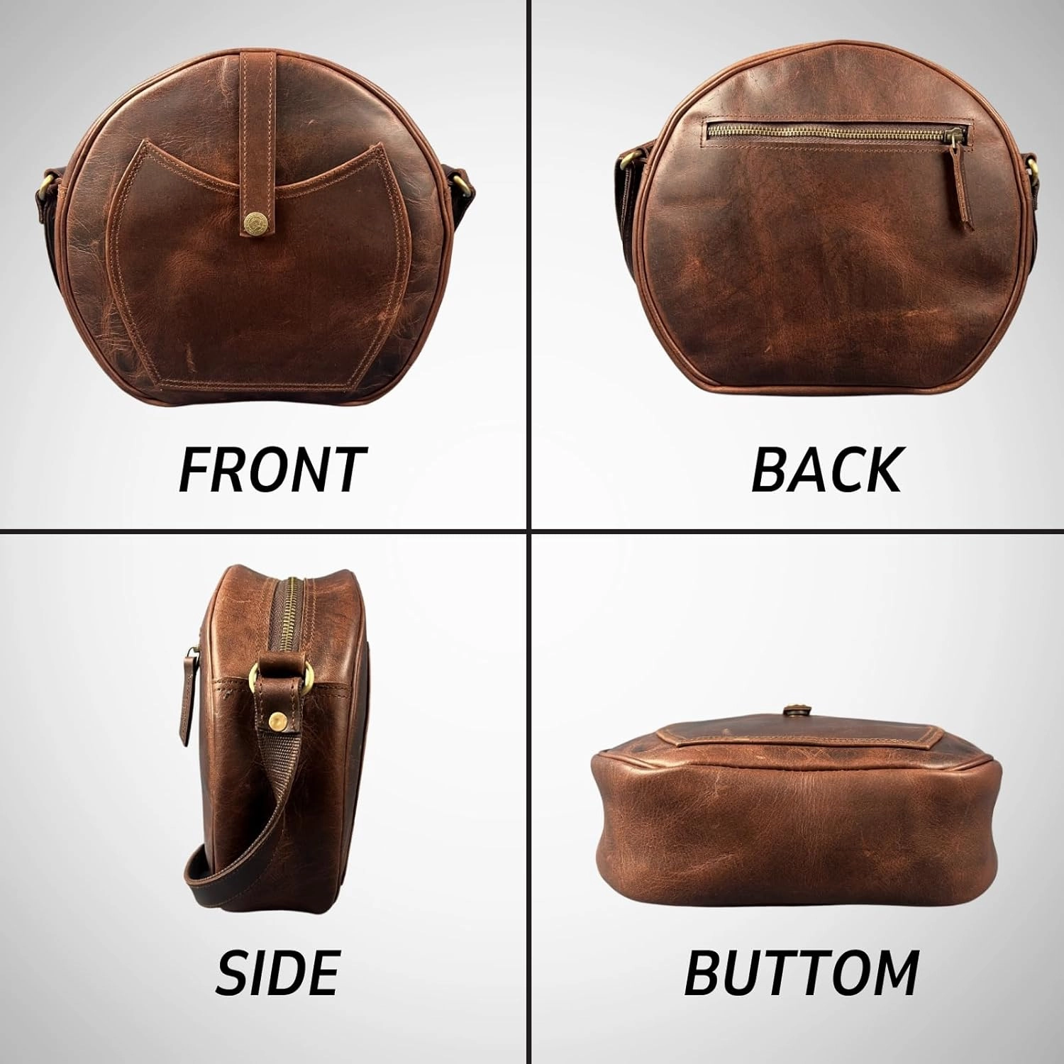 Madosh, Round Genuine Leather Crossbody Bag Girls Side Sling Cross-Over Handbag
