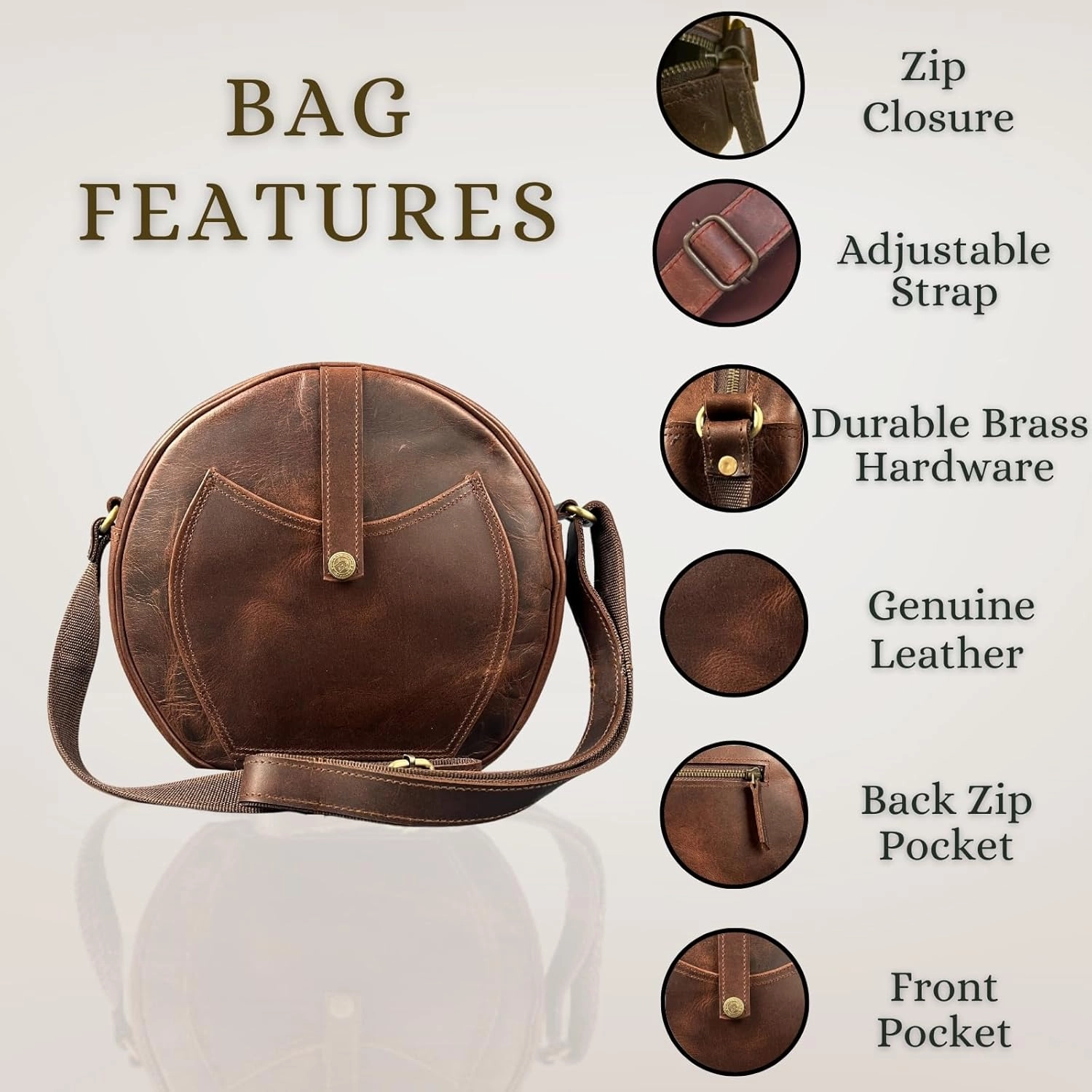 Madosh, Round Genuine Leather Crossbody Bag Girls Side Sling Cross-Over Handbag