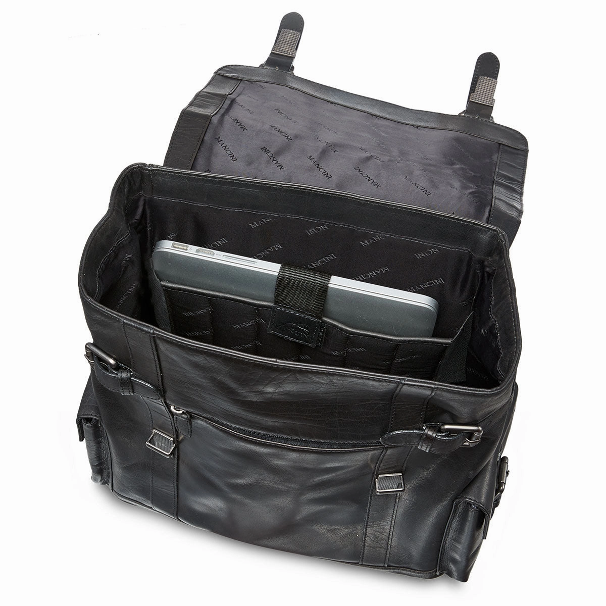 Mancini Leather Backpack for 15'' Laptop, 12.75" x 5.25" x 14.5", Black
