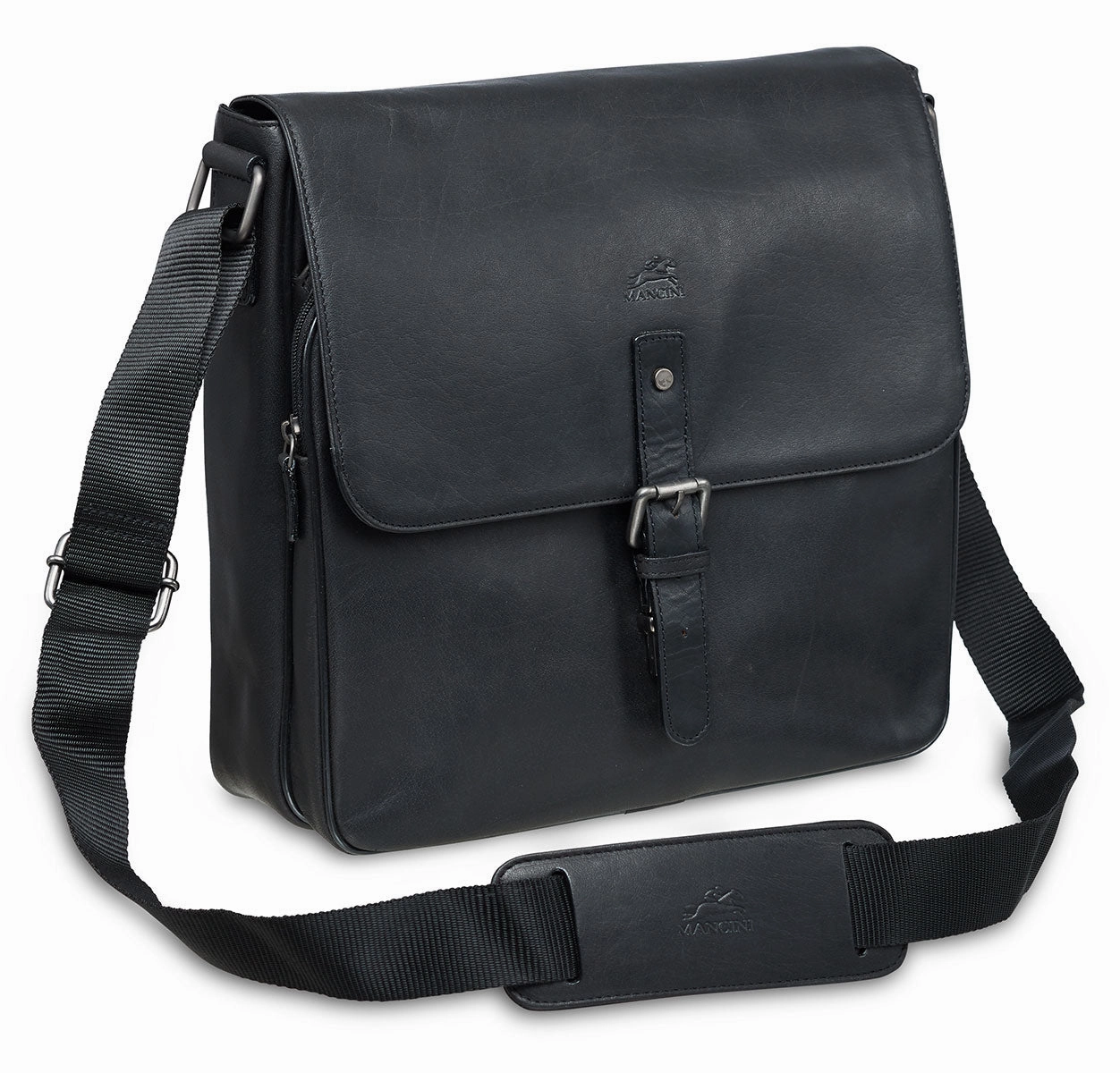 Mancini Leather Crossover Bag for 12" Laptop / Tablet with RFID Secure Pocket, 12" x 3" x 12", Black