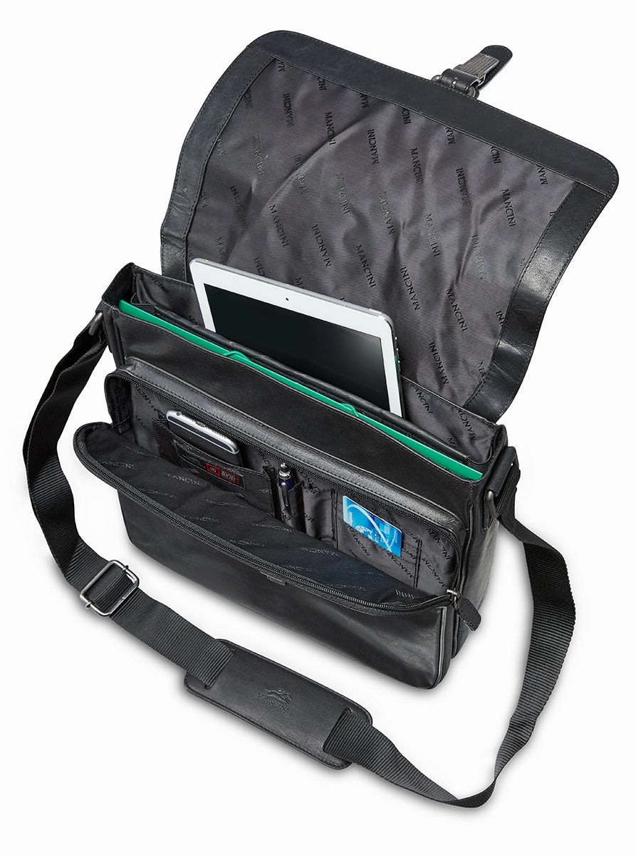Mancini Leather Crossover Bag for 12" Laptop / Tablet with RFID Secure Pocket, 12" x 3" x 12", Black