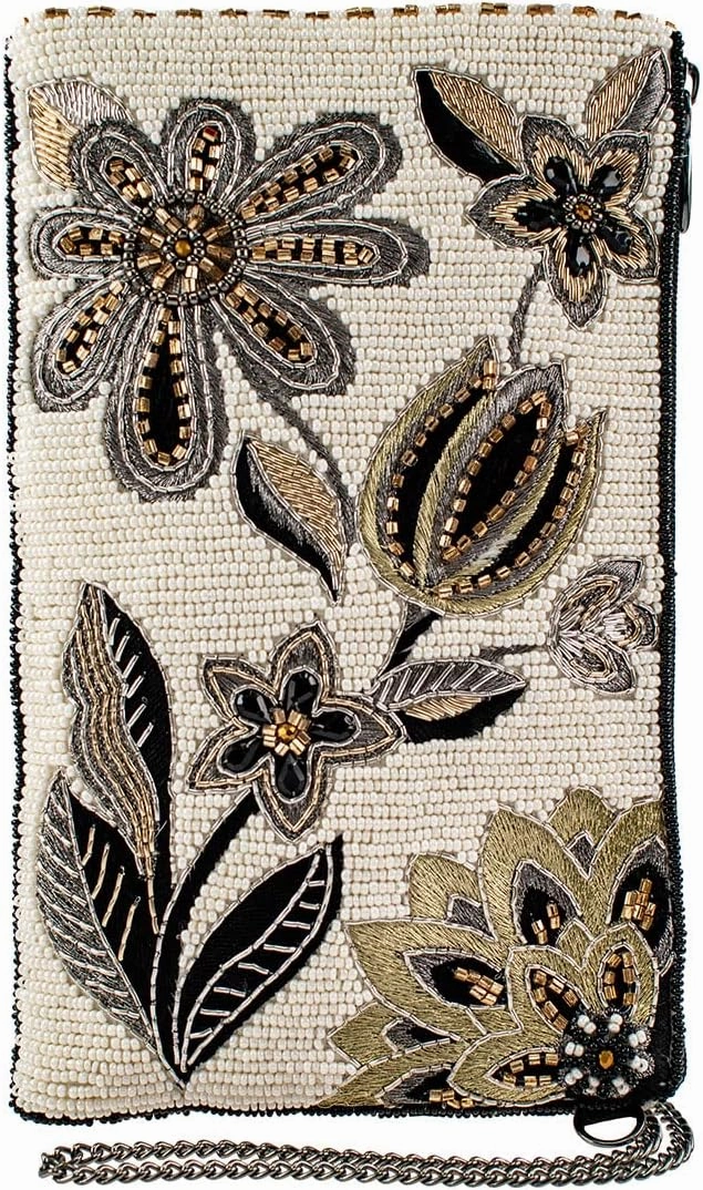 Mary Frances Breezy Beaded Crossbody Cell Phone Bag with Floral Design, Ivory
