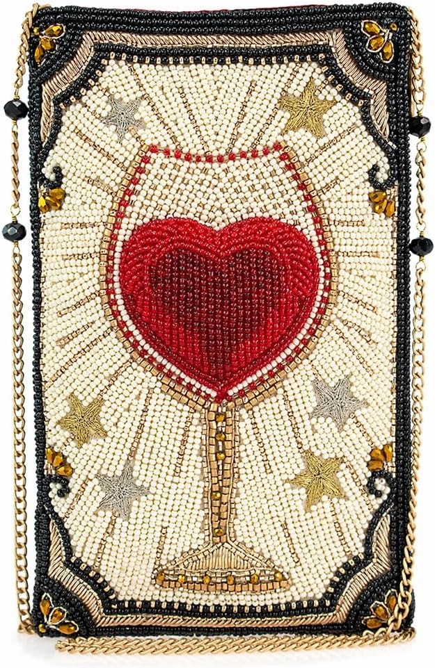 Mary Frances Cheers Beaded Wine Glass Crossbody Cell Phone Bag Clutch Novelty Purse with Heart and Starburst Design, Multicolor