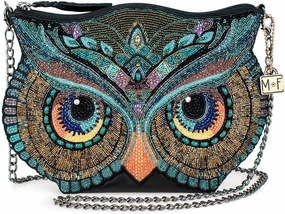 Mary Frances Head Turner Beaded Crossbody Handbag Owl Motif Novelty Purse, Multicolor