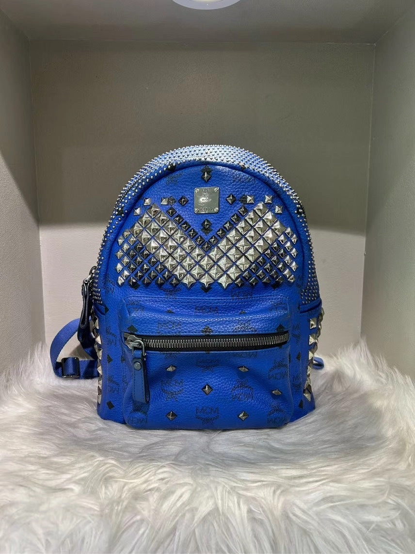 MCM Stark Studded Blue Leather Pre-loved Backpack