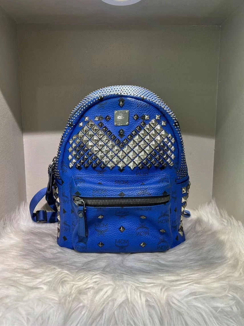 MCM Stark Studded Blue Leather Pre-loved Backpack