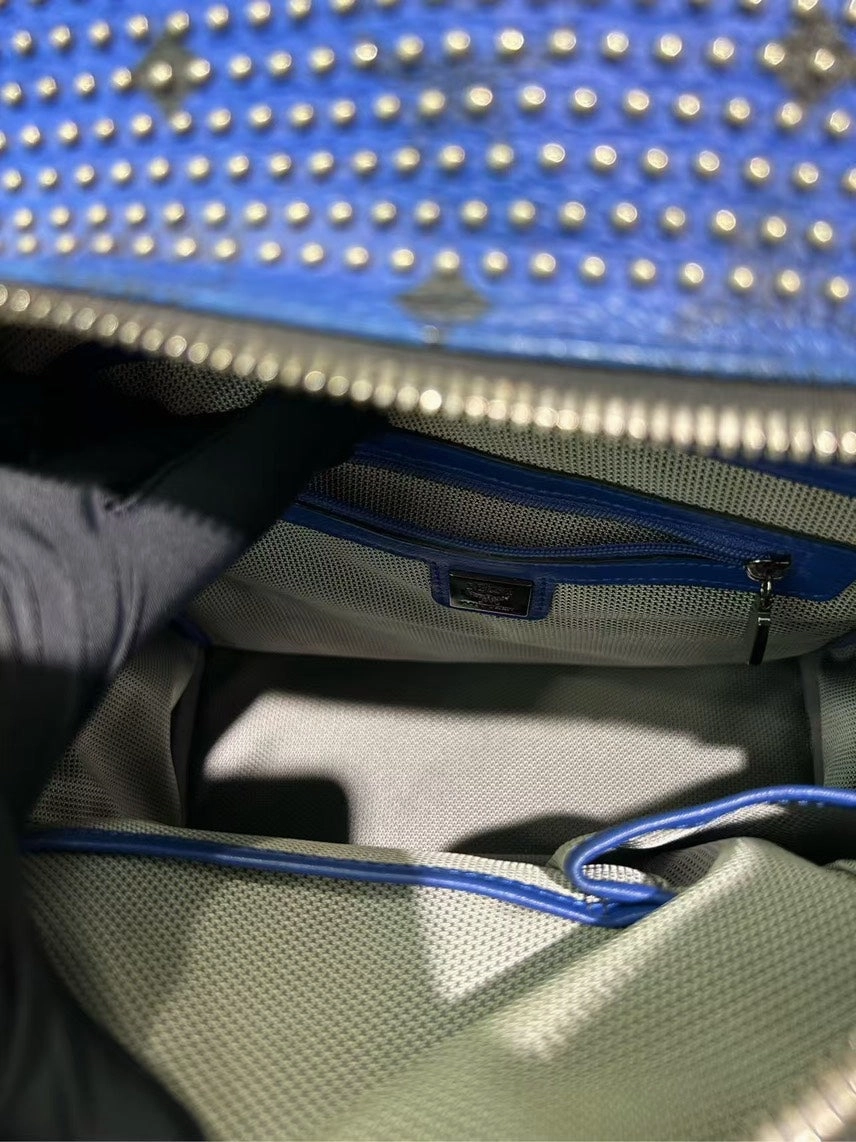 MCM Stark Studded Blue Leather Pre-loved Backpack