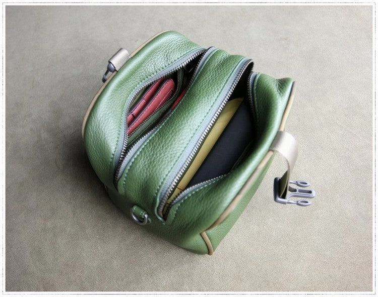 Mini Womens Khaki Leather Shoulder Purse Cube Double Zip Leather Crossbody Purse for Ladies