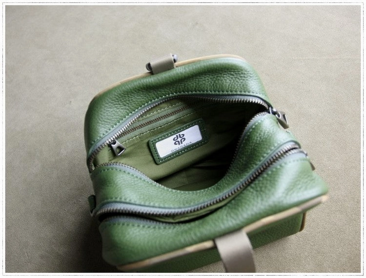 Mini Womens Khaki Leather Shoulder Purse Cube Double Zip Leather Crossbody Purse for Ladies
