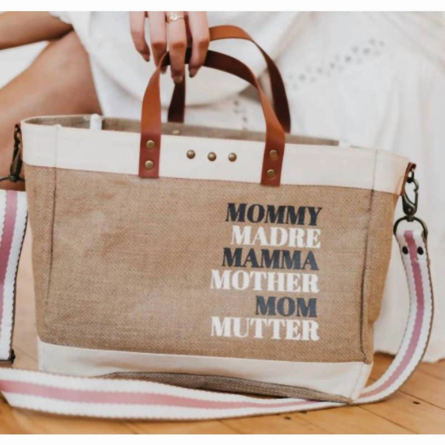Moms For All French Market Jute Crossbody Tote In Tan