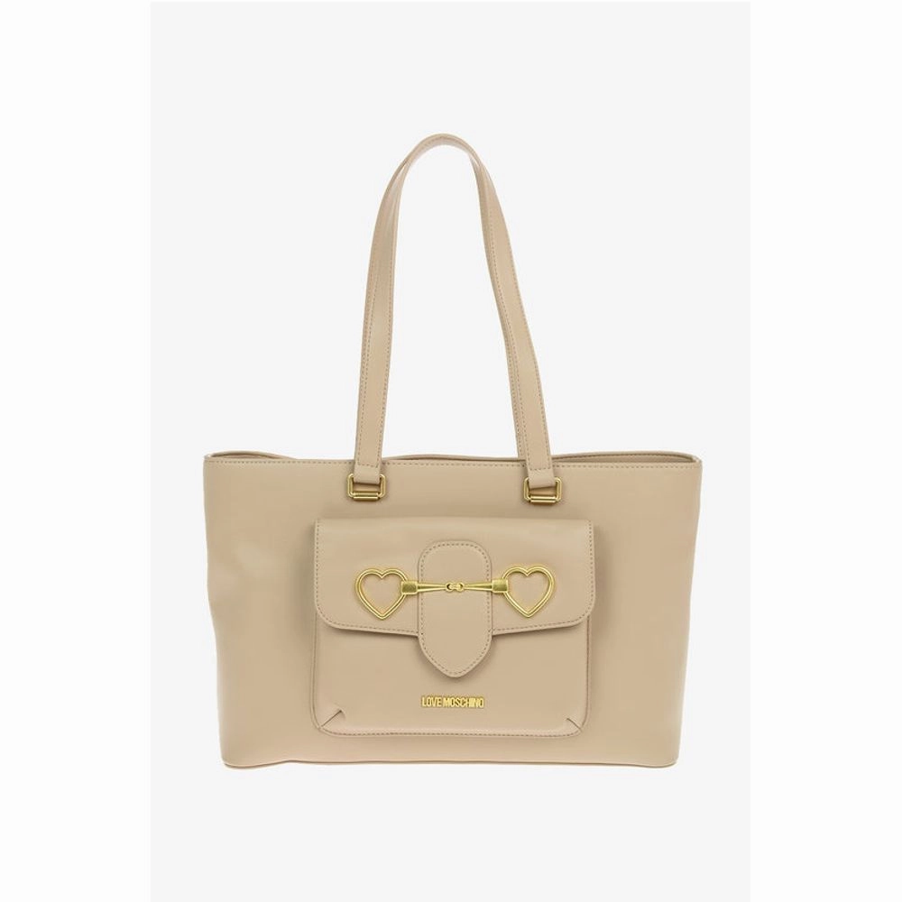 Moschino LOVE Faux Leather Maxi Front Pocket Tote Bag with Heart Women's Clam