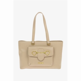 Moschino LOVE Faux Leather Maxi Front Pocket Tote Bag with Heart Women's Clam