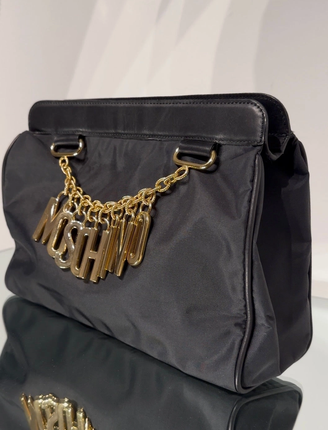 Moschino Vintage Black Nylon Leather Trim Clutch