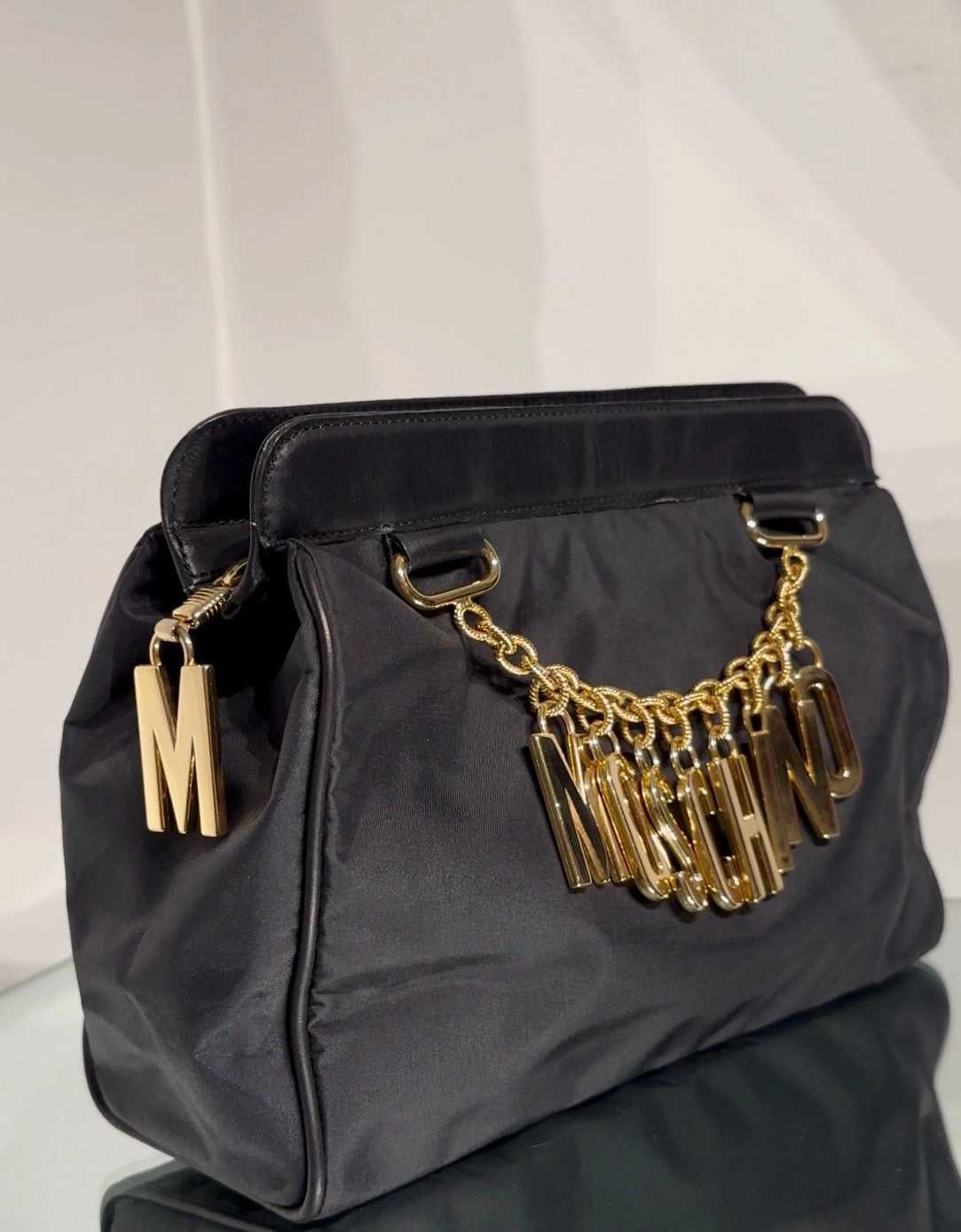 Moschino Vintage Black Nylon Leather Trim Clutch
