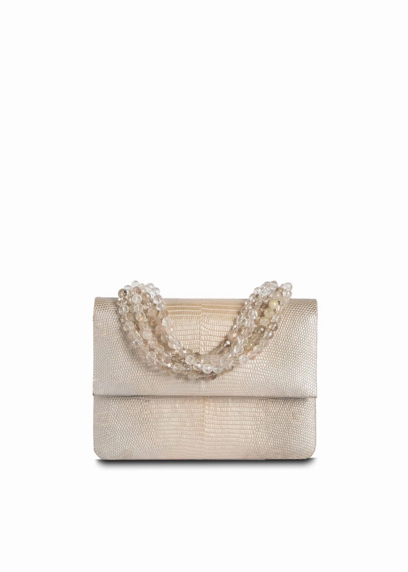 Necklace Handbag, Mini - Champagne Metallic Lizard, Rutilated Quartz Handle