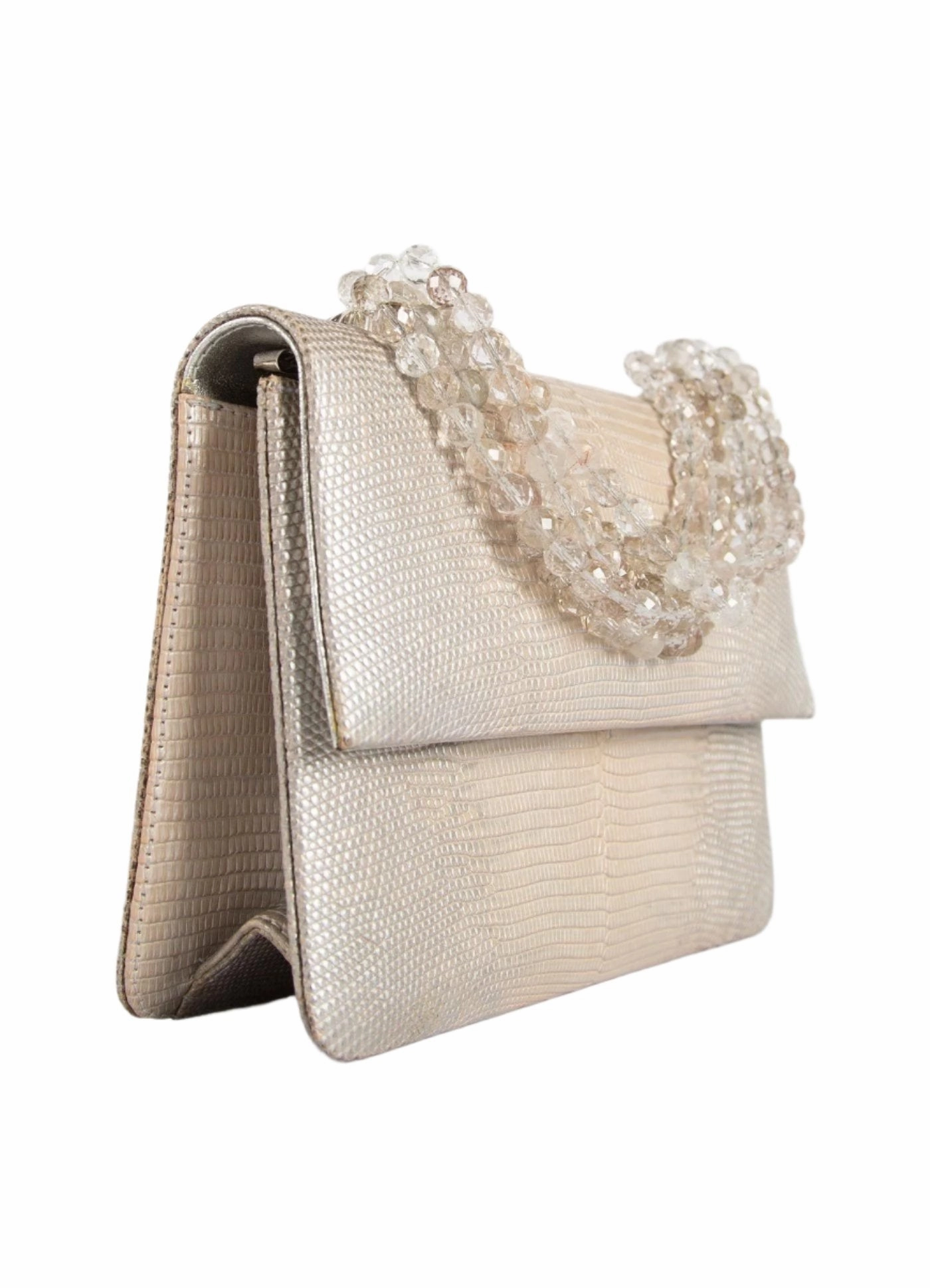 Necklace Handbag, Mini - Champagne Metallic Lizard, Rutilated Quartz Handle
