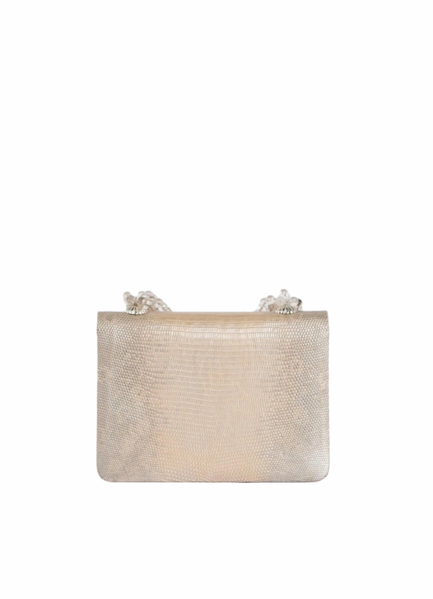 Necklace Handbag, Mini - Champagne Metallic Lizard, Rutilated Quartz Handle