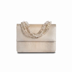 Necklace Handbag, Mini - Champagne Metallic Lizard, Rutilated Quartz Handle