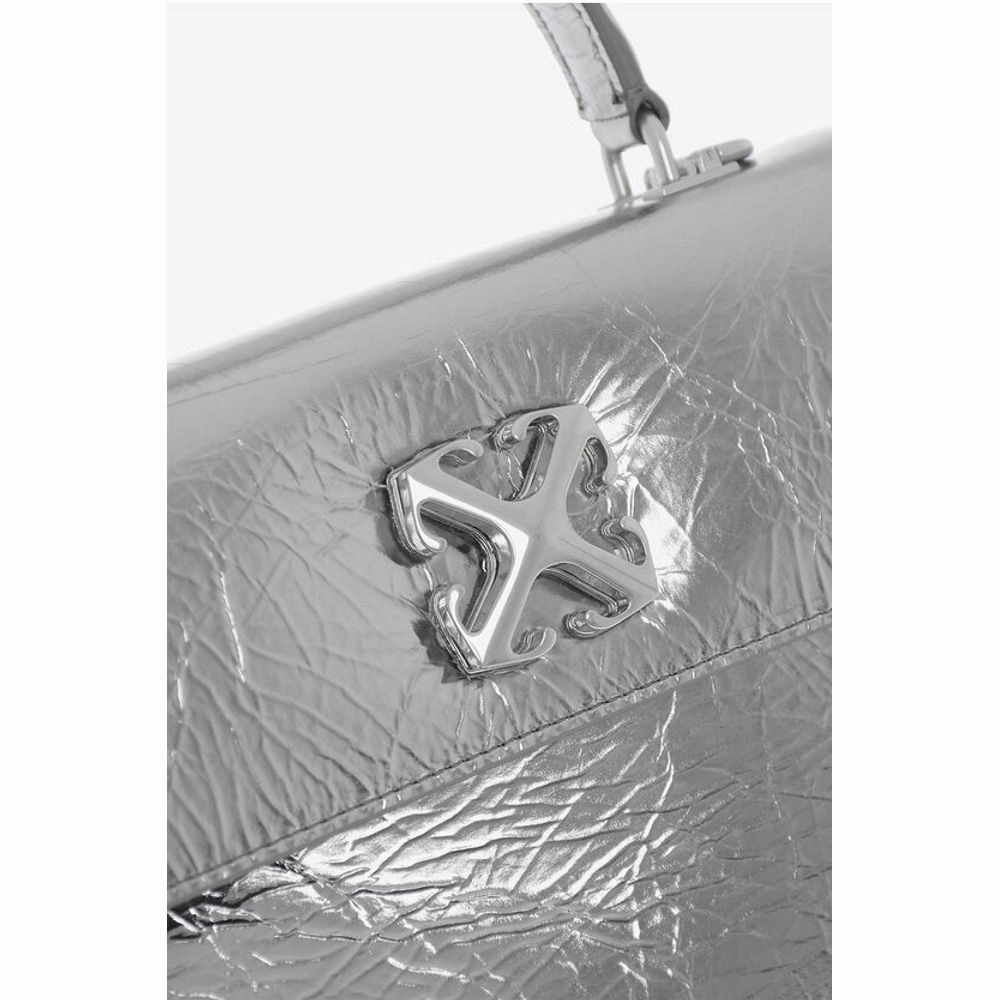 Off-White Metallic Leather Handbag with Removable Shoulder Strap