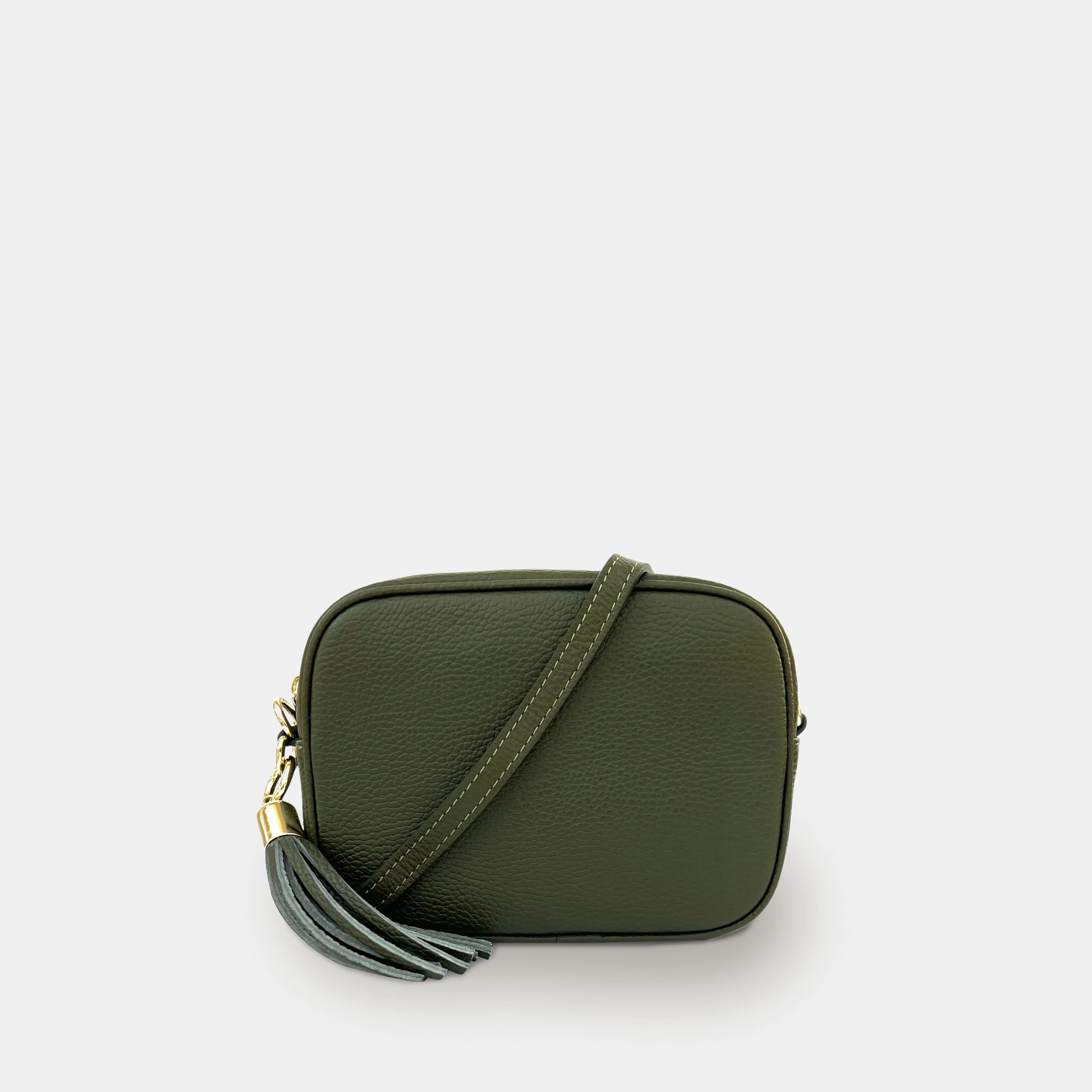 Olive Green Leather Crossbody Bag With Orange & Gold Stripe Camo Strap