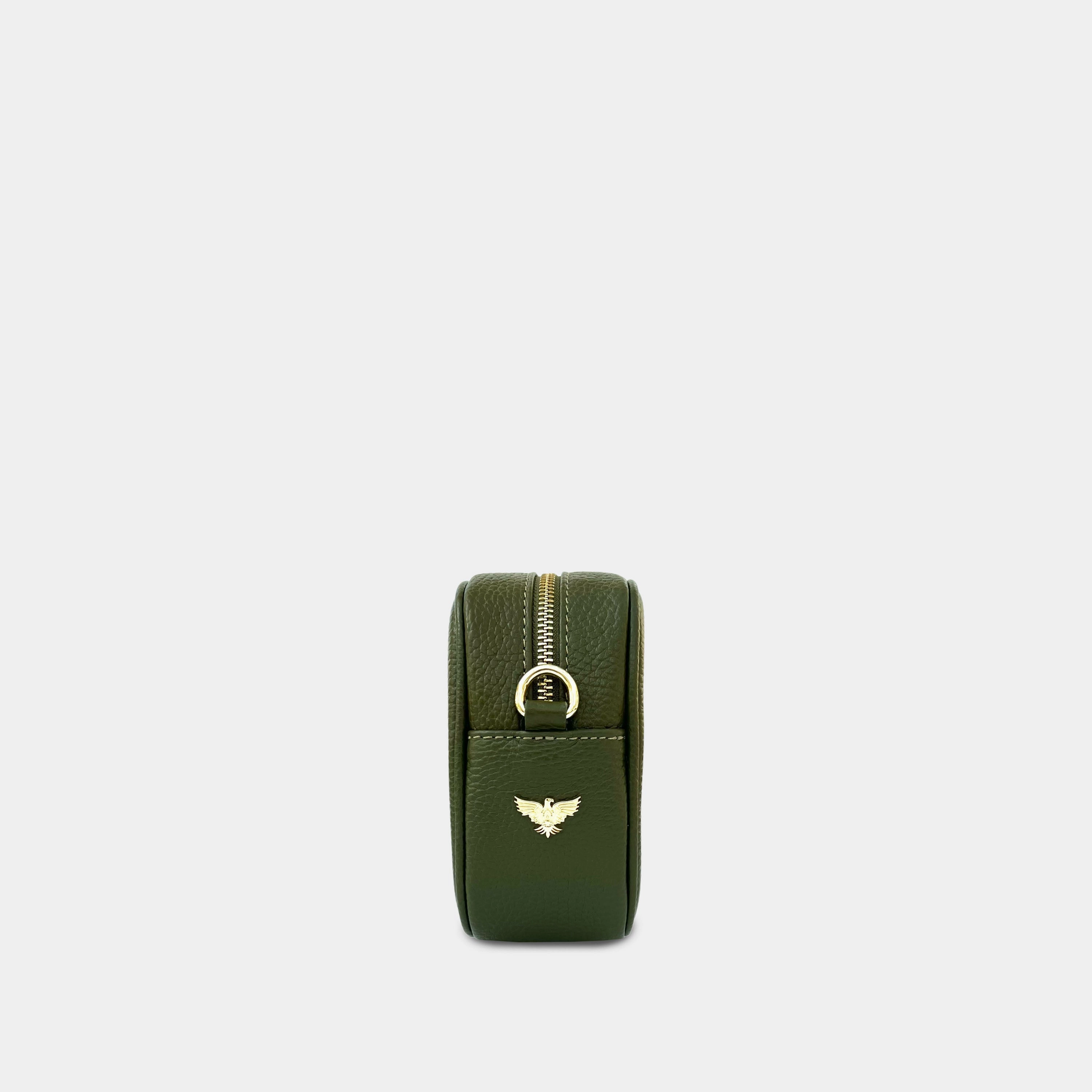 Olive Green Leather Crossbody Bag With Orange & Gold Stripe Camo Strap
