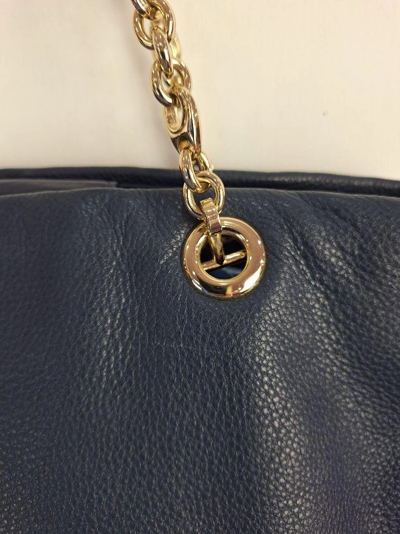 Oroton Navy Soft Pebble Leather Eyelet Gold Chain Tote Bag