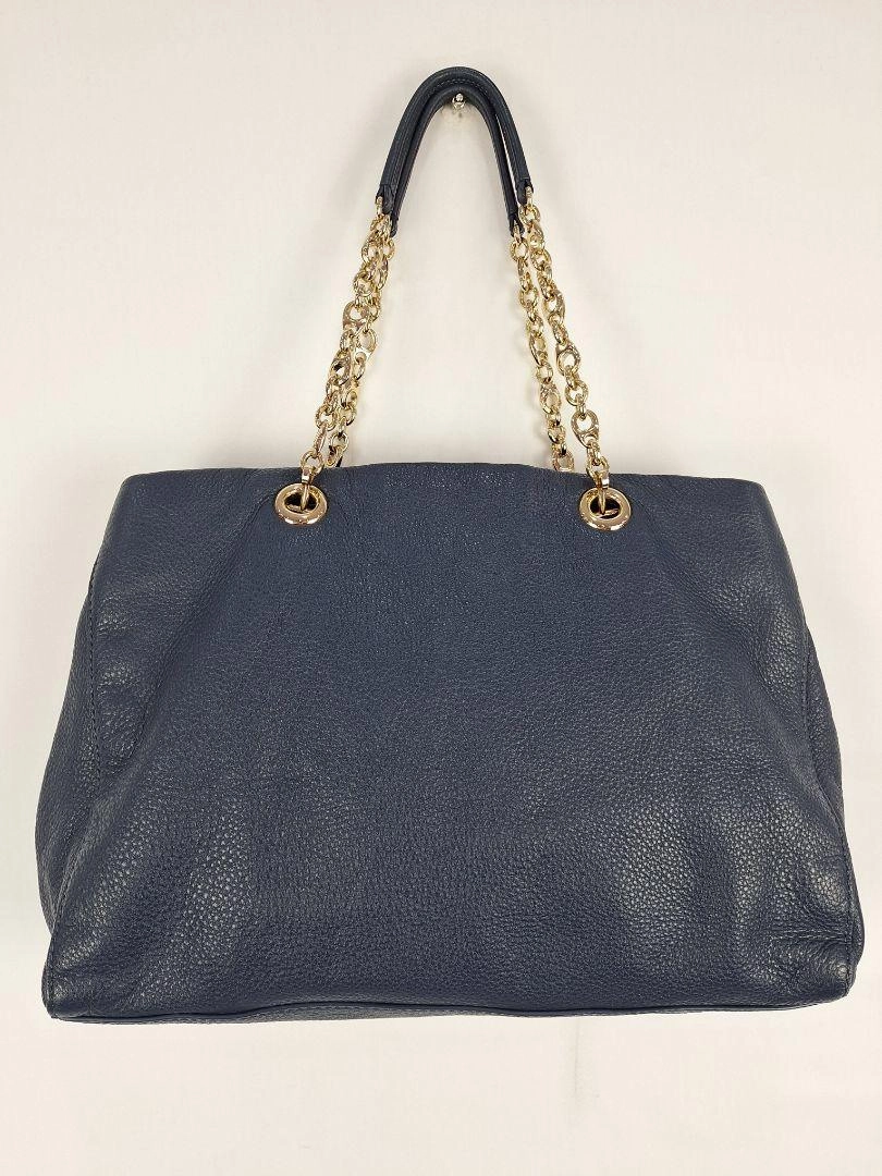 Oroton Navy Soft Pebble Leather Eyelet Gold Chain Tote Bag