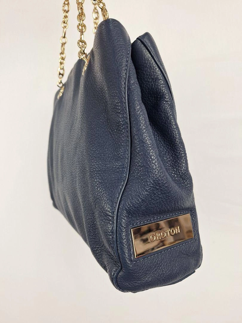 Oroton Navy Soft Pebble Leather Eyelet Gold Chain Tote Bag