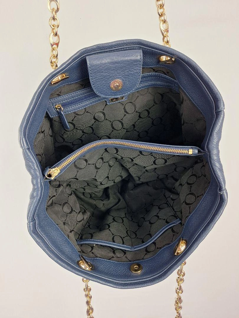 Oroton Navy Soft Pebble Leather Eyelet Gold Chain Tote Bag