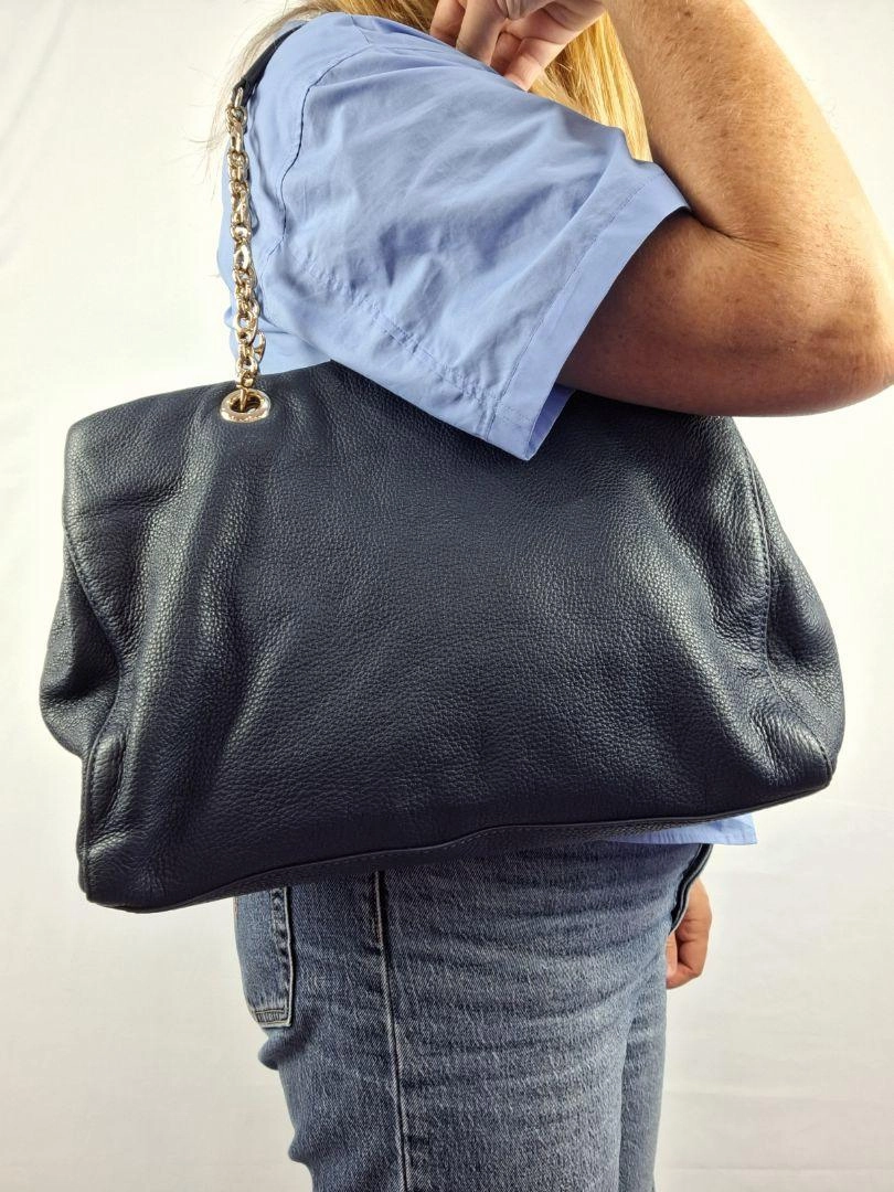 Oroton Navy Soft Pebble Leather Eyelet Gold Chain Tote Bag
