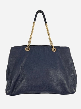 Oroton Navy Soft Pebble Leather Eyelet Gold Chain Tote Bag