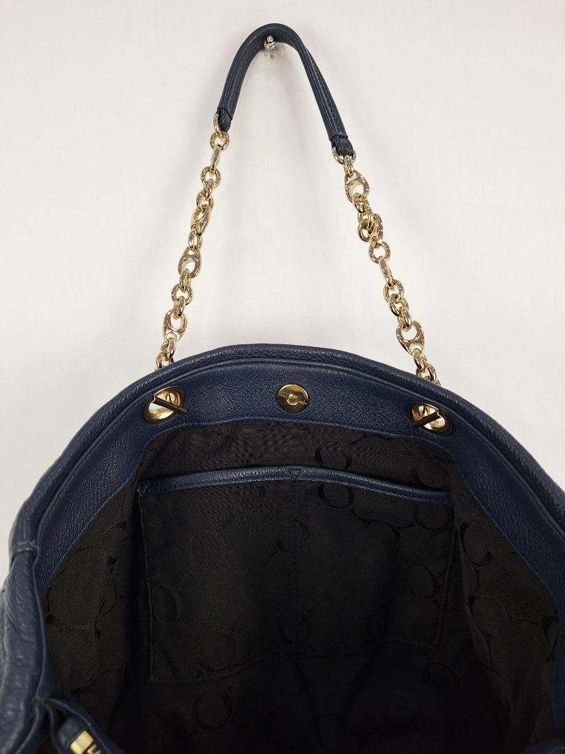 Oroton Navy Soft Pebble Leather Eyelet Gold Chain Tote Bag