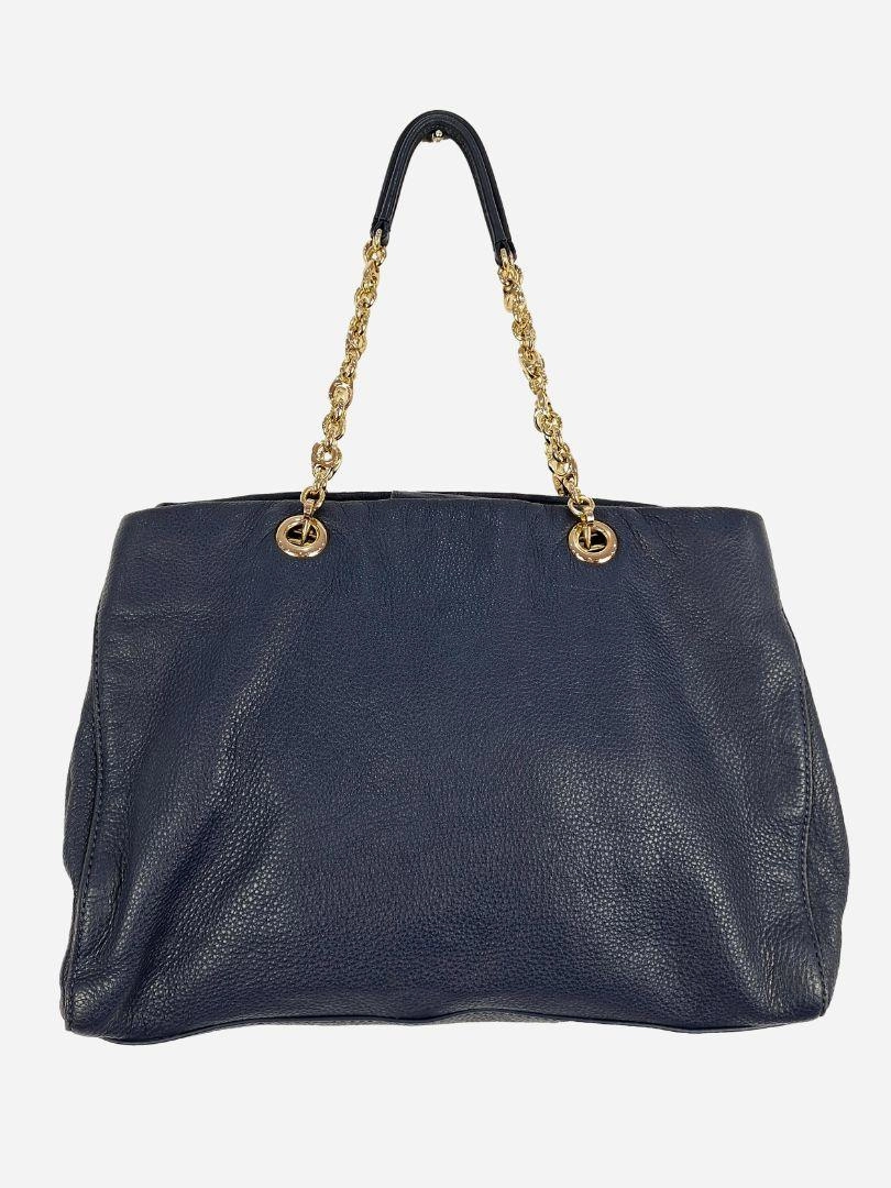 Oroton Navy Soft Pebble Leather Eyelet Gold Chain Tote Bag