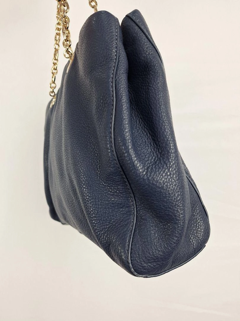 Oroton Navy Soft Pebble Leather Eyelet Gold Chain Tote Bag