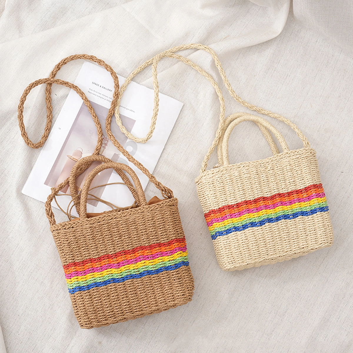 Paper Woven Organizer Bag With Drawstring Tote Shoulder Bag