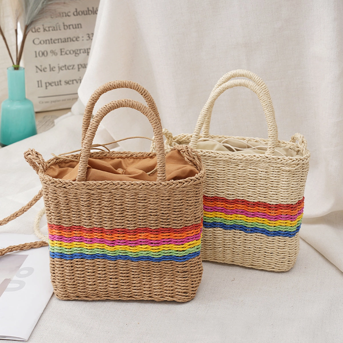 Paper Woven Organizer Bag With Drawstring Tote Shoulder Bag