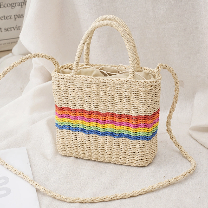 Paper Woven Organizer Bag With Drawstring Tote Shoulder Bag
